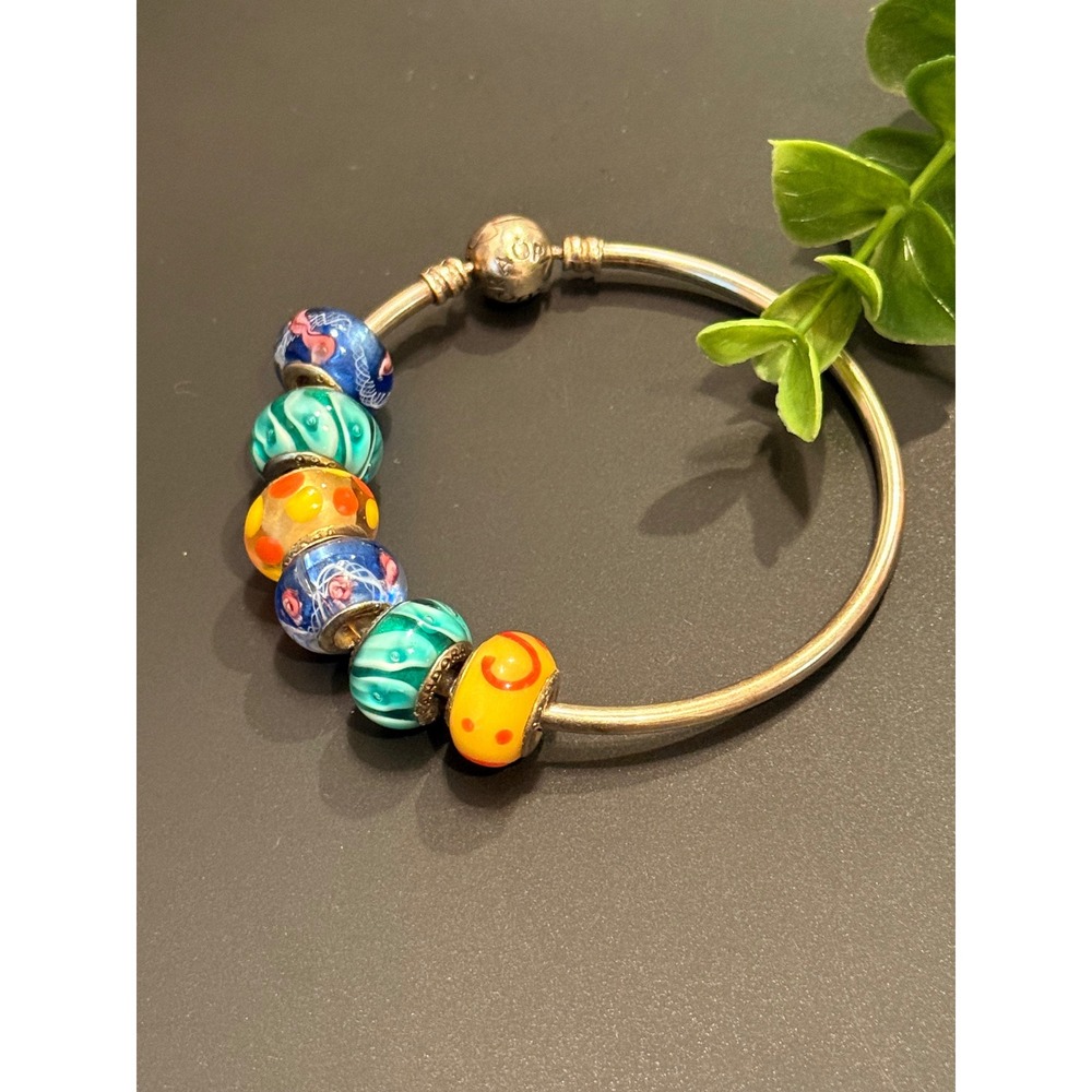 Pandora Sterling Silver Bangle Bracelet with 6 Colorful Glass Charms - Picture 3 of 8